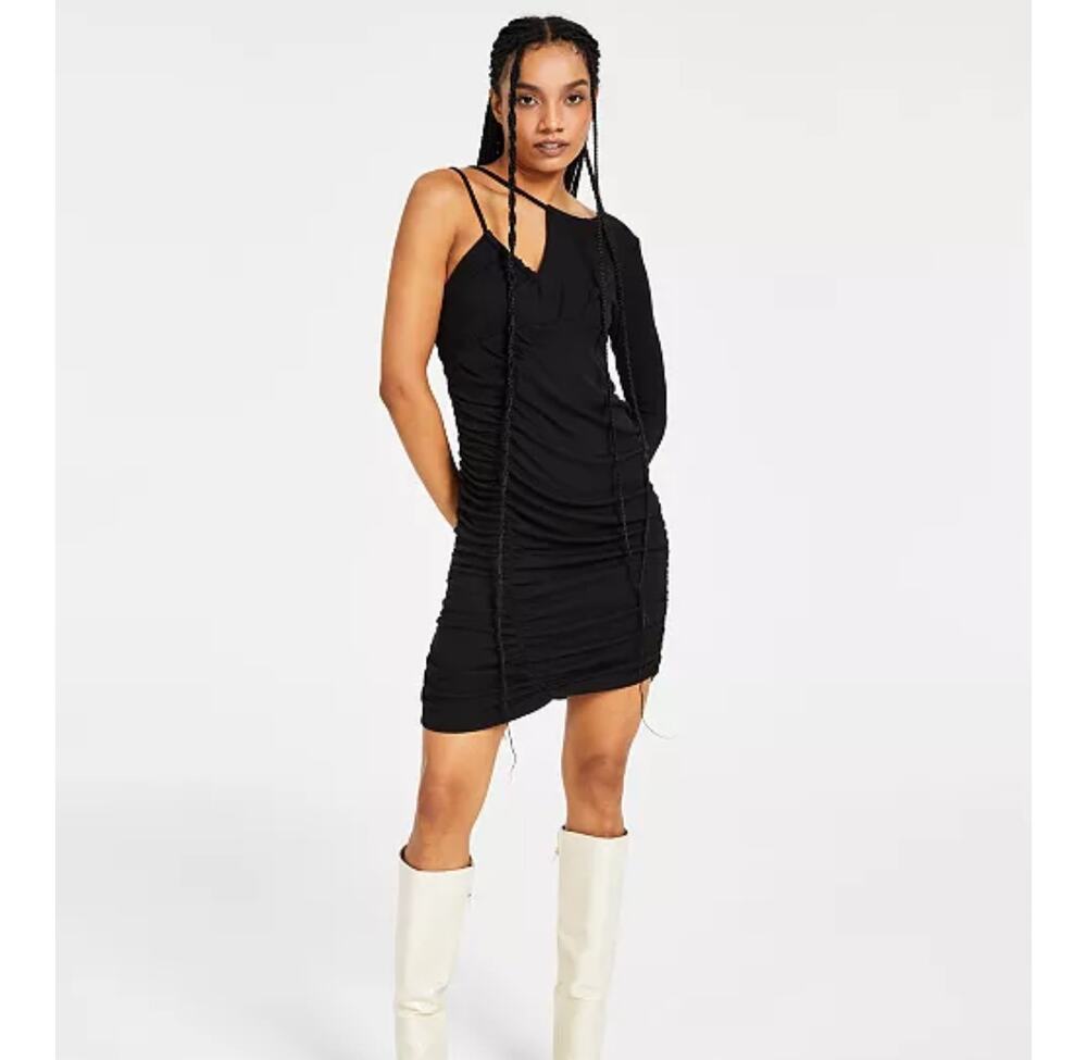 LNA Black Ruched Asymmetric Mini Dress One Shoulder Ribbed Bodycon L NWT Fire